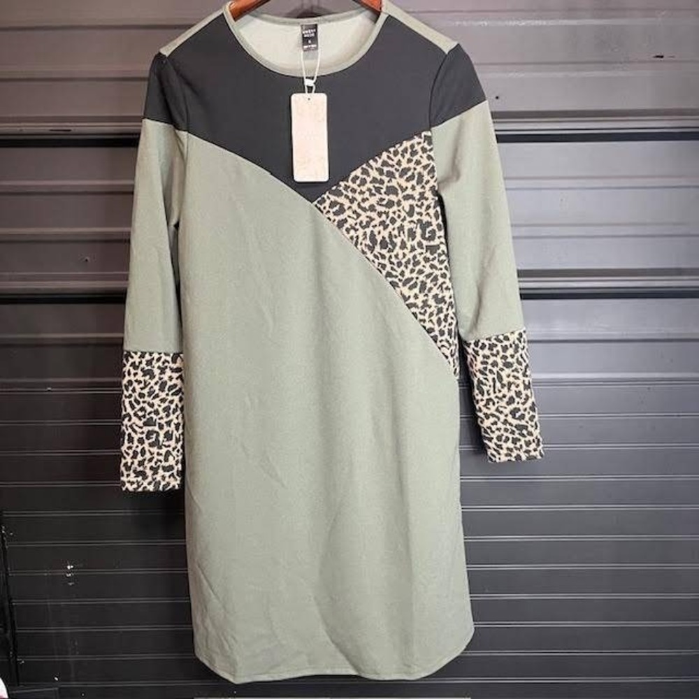 Womens Colorblock Leopard Print Casual‎ Tunic Dress